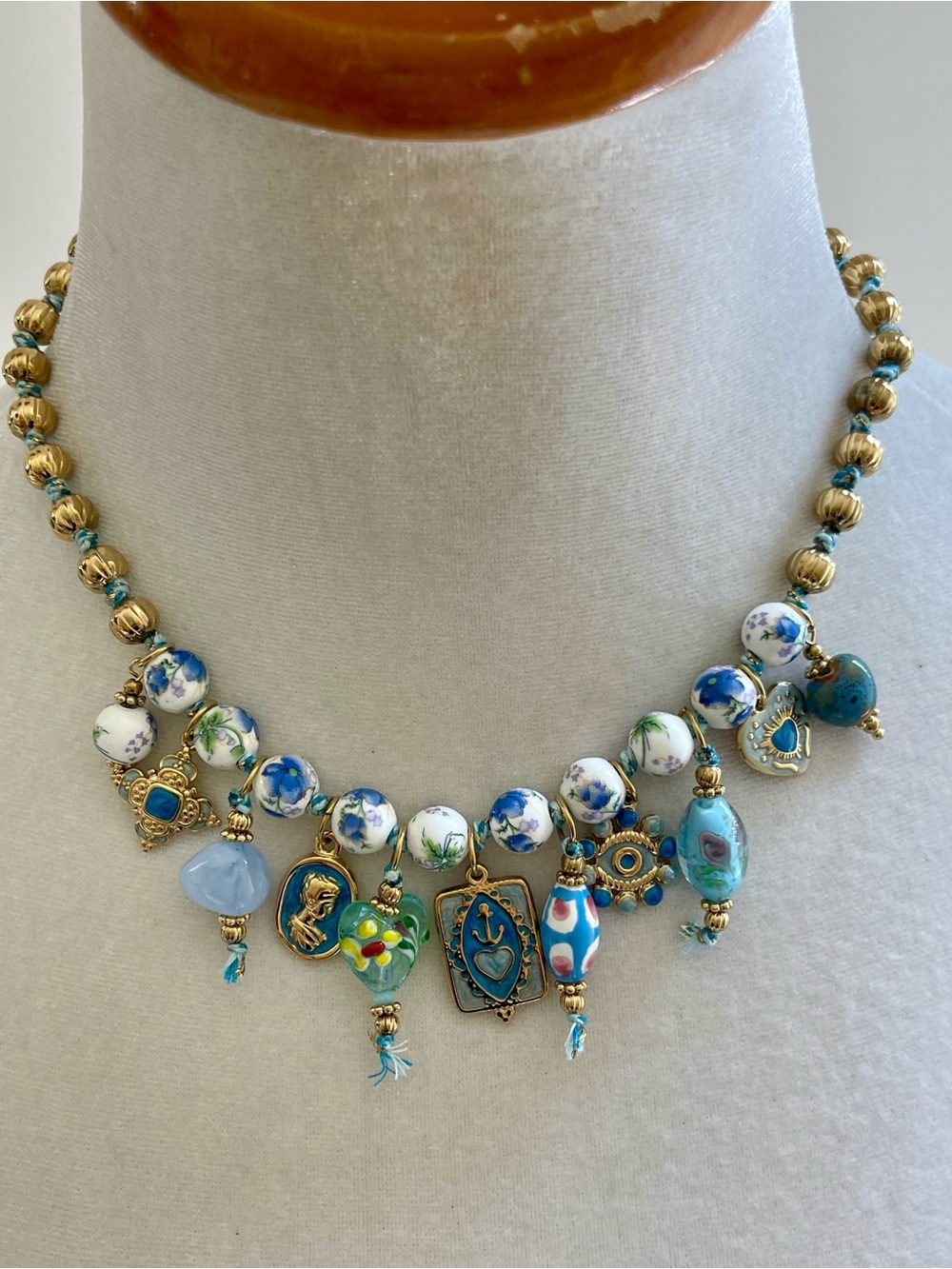 Blue Ceramic Bead Charm Statement Necklace